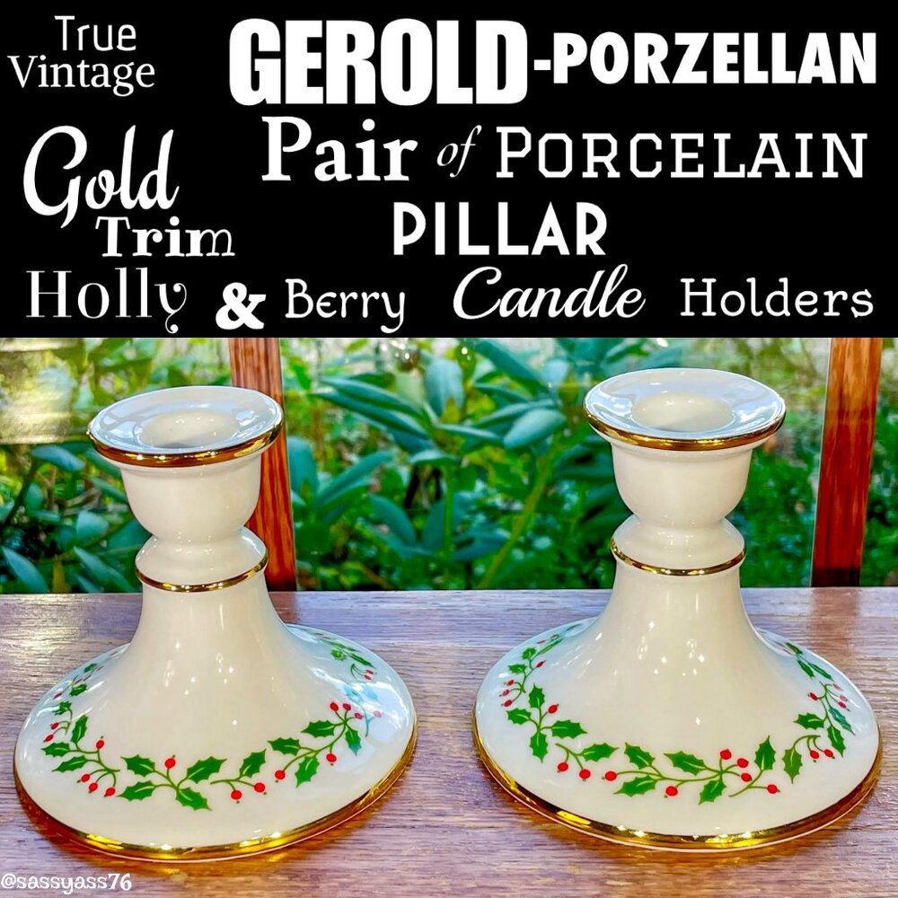▪️VTG▪️GEROLD-PORZELLAN▪️Pair Porcelain Gold Trim Holly Berry Candle Holders